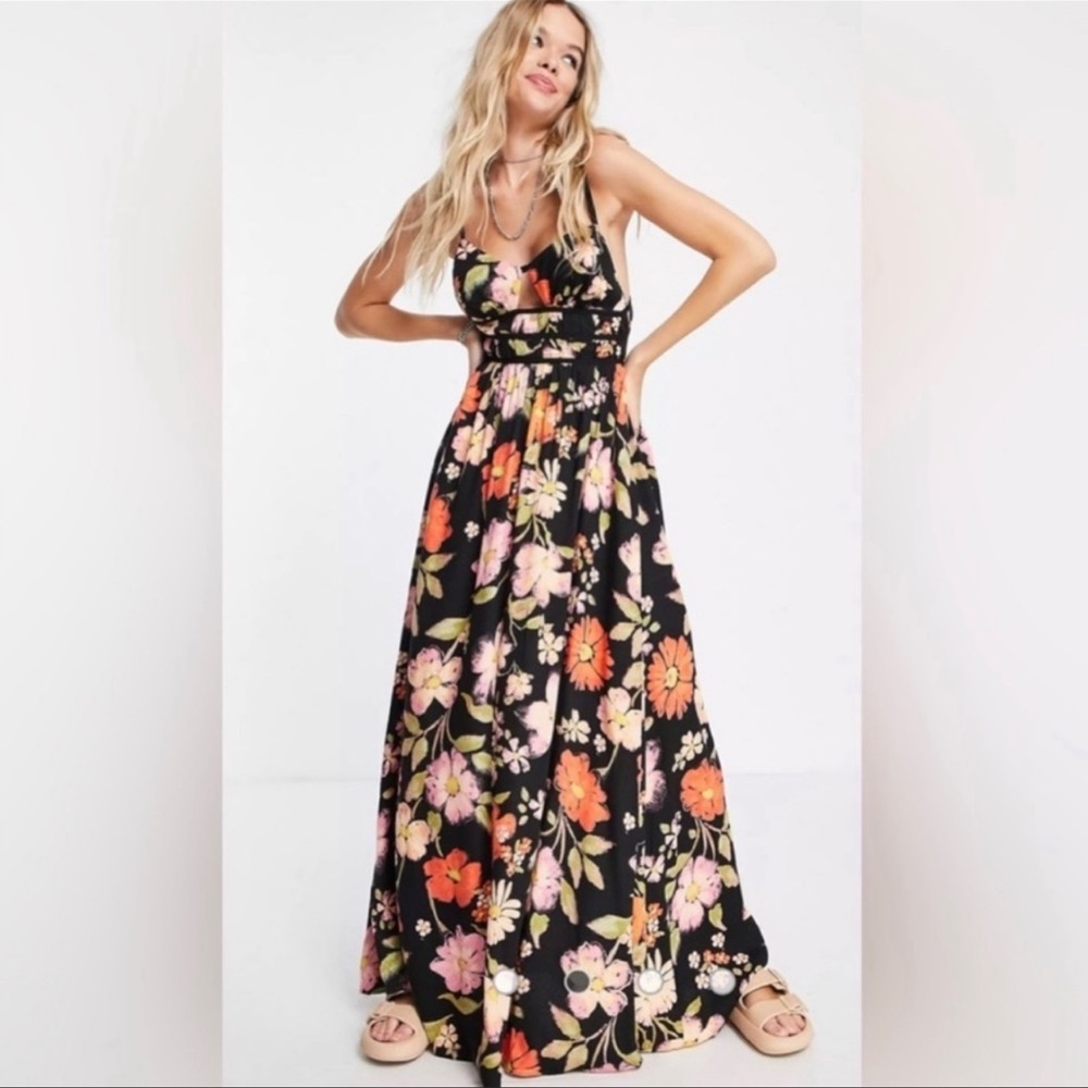NEW FREE People Wisteria Floral Print VNeck Cut-Out Sleeveless Open TieBack Maxi